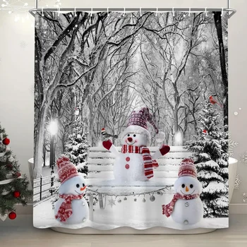 Téli Karácsonyi Zuhanyzó Függöny, Cuki Hóember Karácsonyi Fenyő Havas Erdő nyaraló Fürdő Függöny Fürdőszoba Decor kampós