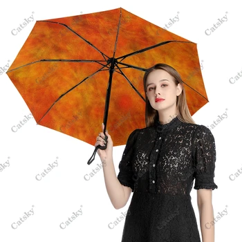 Absztrakt - Narancs Esernyő Eső Nők Három Összecsukható Teljesen Automata Esernyő Nap Elleni Védelem Kültéri Utazási Eszköz Parapluie