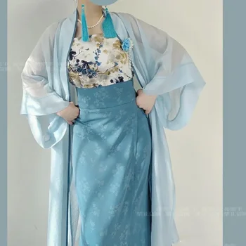 A kínai Hagyományos Hanfu Ruha Szett Nyomtatott Rövid Szoknya Kék Ég Három darabos Készlet Cosplay Kabát Parittya Szoknya 3D Virág Ruha