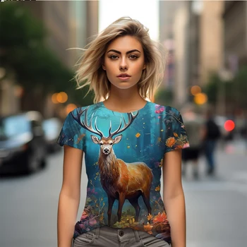 Nyáron új női póló szarvas 3D nyomtatott hölgy póló személyiség alkalmi hölgy póló divat lady street póló