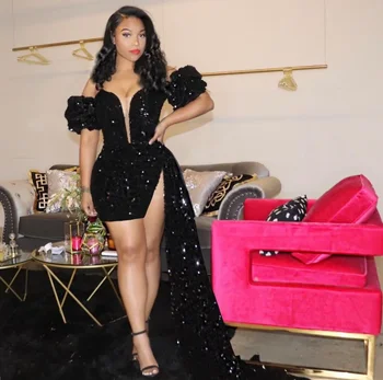 Szexi fekete glitter ball ruha földig érő édes backless rövid zsákmány szépségverseny fél oldalán osztott hivatalos estélyi ruha