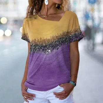 Új Női póló 3d Geometriai Mintával Nyomtatott Maximum Nyár Utca, Rövid Ujjú Alkalmi Viselet Túlméretezett V-Nyakú Női póló