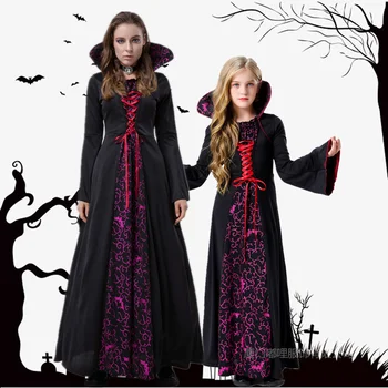 Középkori csipke állni gallér nyomtatott, hosszú ruha felnőttek számára, illetve a gyermekek Gótikus vámpír Halloween jelmez