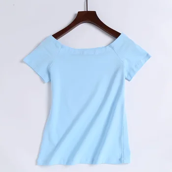 Nyári Rövid Ujjú Nők Ki Váll Felső Lány Slash Nyaka Karcsú Fit póló, Pamut, Kék Ég Tshirt Túlméretezett Női Csinos Póló
