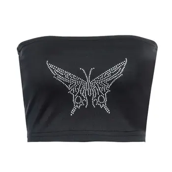 A Nők Szexi Pánt Nélküli Bandeau Melltartó Csillogó Pillangók Forró Fúrás Strasszos Csomagolva Mellkasi Cső Felső Fűző Clubwear