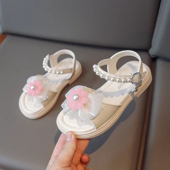 Gyermek Szandál, a Lányok Virágot, Gyöngyöt Csipke Íj 2023 Puha Gyerekek Cipők Party Esküvői azt Mutatja, Elegáns Cipő koreai Hercegnő
