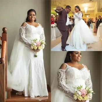 Esküvői Afrikai Luxus Hosszú Ujjú Plus Size Ruha Szexi Csipke Appliqued Levehető Vonat Hableány Ruhák Puszta Ékszer